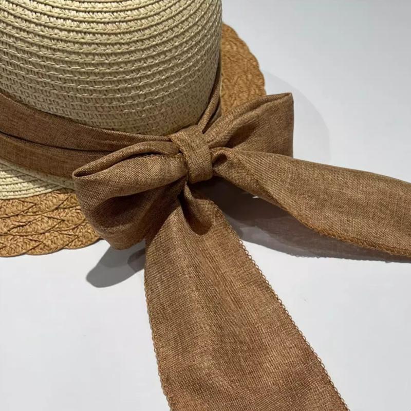 Summer Women Large Bow Straw Hat Portable Foldable Holiday Beach Sun Visors Hand WovenSolid Color Female Sunshade Bonnet Cap