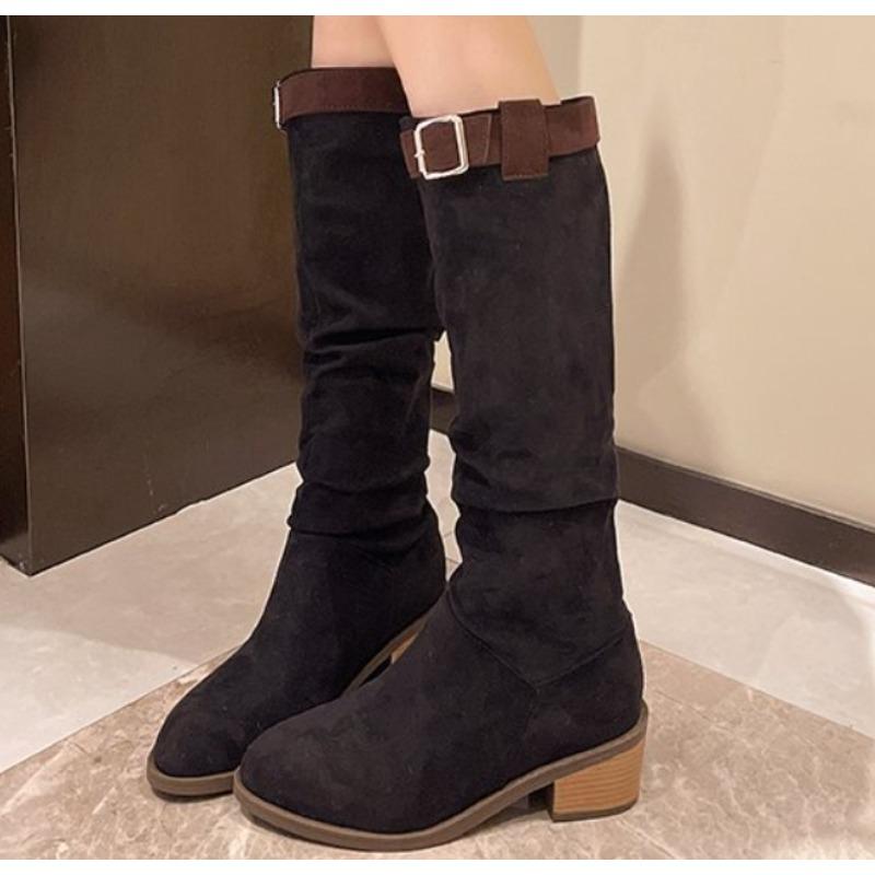Fashion Vintage Chunky Heel Western Cowboy Boots for Women Winter New Style Faux Suede Ankle Boots Woman Pointy Chunky Heels Short Boots