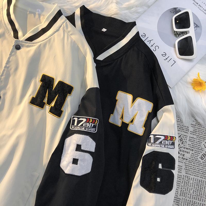 New Men's Baseball Uniform Street Jacket Black and White Solid Color Jacket Loose Large Size Clothes Casual Baseball Jacket
