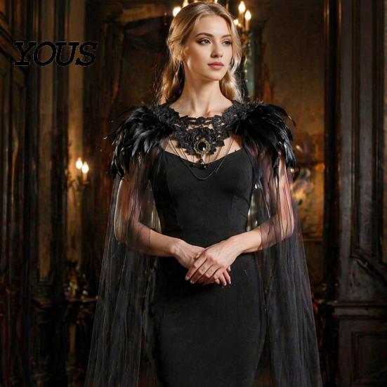 Feather Cape for Halloween Gothic Cloak Men Women, Tulle with Women's Party Wrap Shawl Shrug Shoulder Witch Cosplay Costume, Stage Performance Collar