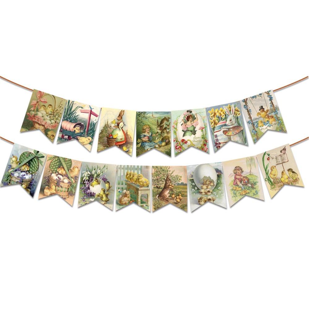 Retro Bunny Easter Banner Chick Printed Hanging Flag Rabbit Spring Bunting Easter Festival Bunting Party