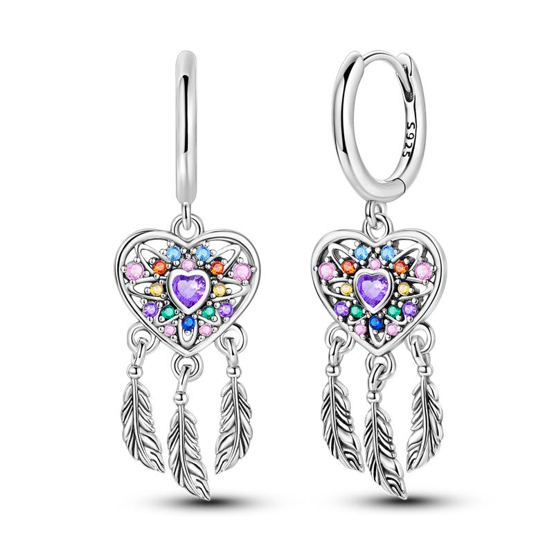 Genuine 925 Silver Love Feather Earrings Fit Original Charms Hoop For Women Girls Stud Earring Fine Jewelry Gifts