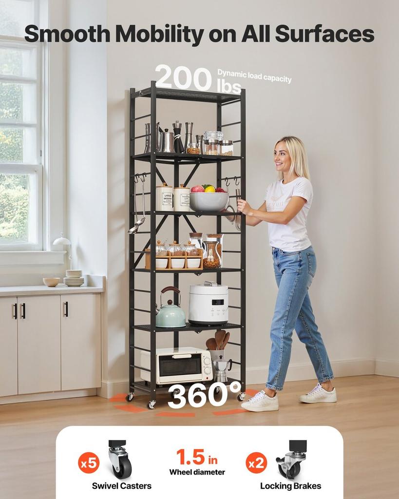 6-Tier Foldable Storage Shelf with Wheels 24 x 12 x 72-inch Metal Shelving