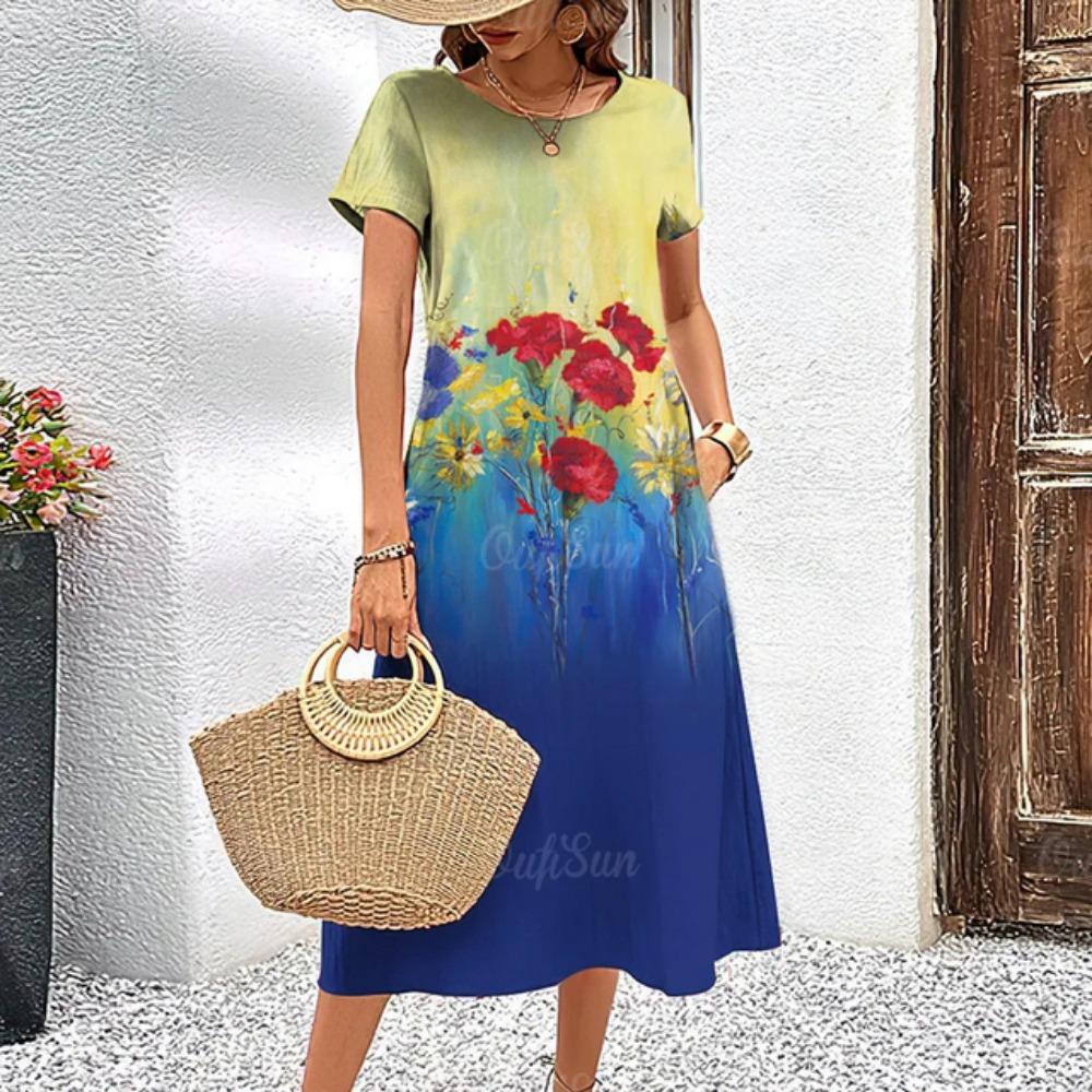 Letnie luźne i eleganckie ubrania damskie Kwiecista sukienka z krótkim rękawem Sukienka na imprezę wieczorową Okrągły dekolt Sweter Ubrania uliczne