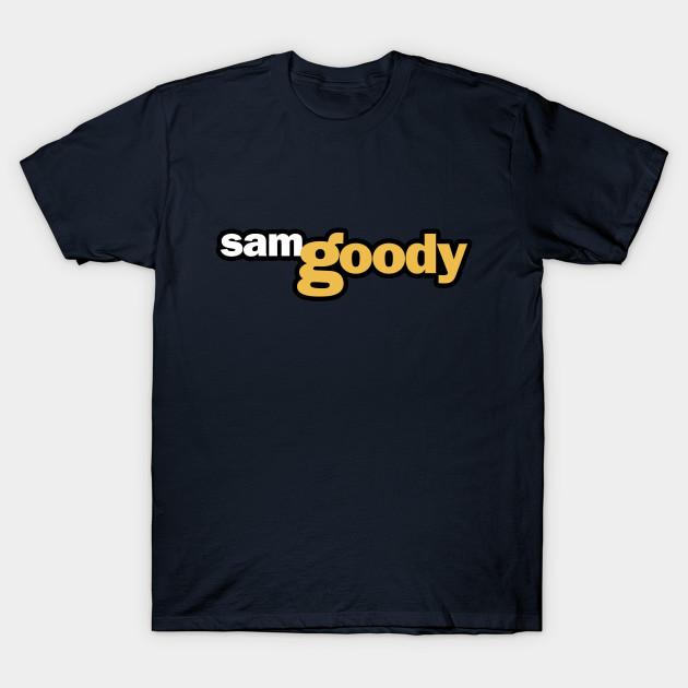 

Men Black Print T-shirt Sam Goody Music Store No-Cut Transfer Paper Print Cotton Tshirt M Темно-синій