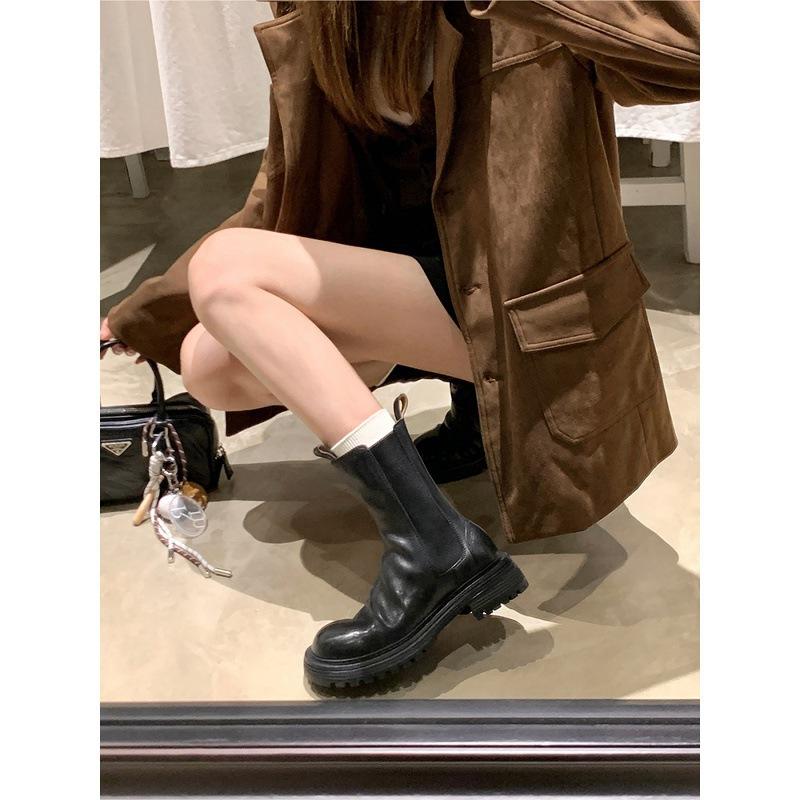 Ins Women's Boots~ Washed Horsehide Pleated Thick Sole Heightened Chelsea Elastic Martin Short Boots Women's Cigarette Boots Autumn and Winter