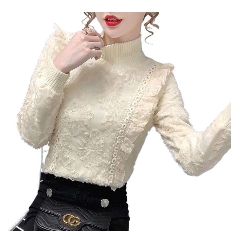Elegant Velvet-Lined Lace Half-High Collar Shirt for Women - Autumn/Winter Collection