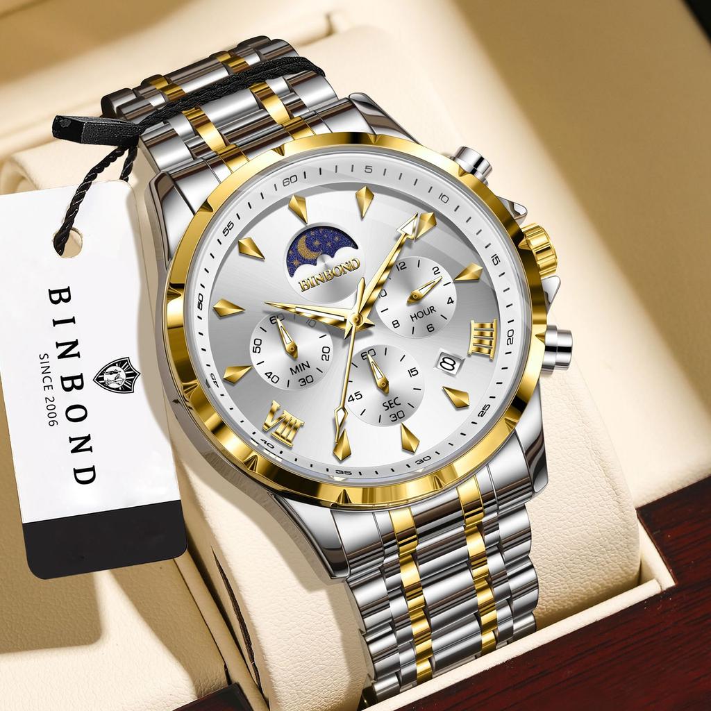 Mens Business Chronograph Watch Stainless Steel Analog Moon‑Phase Wristwatch Waterproof Luminous