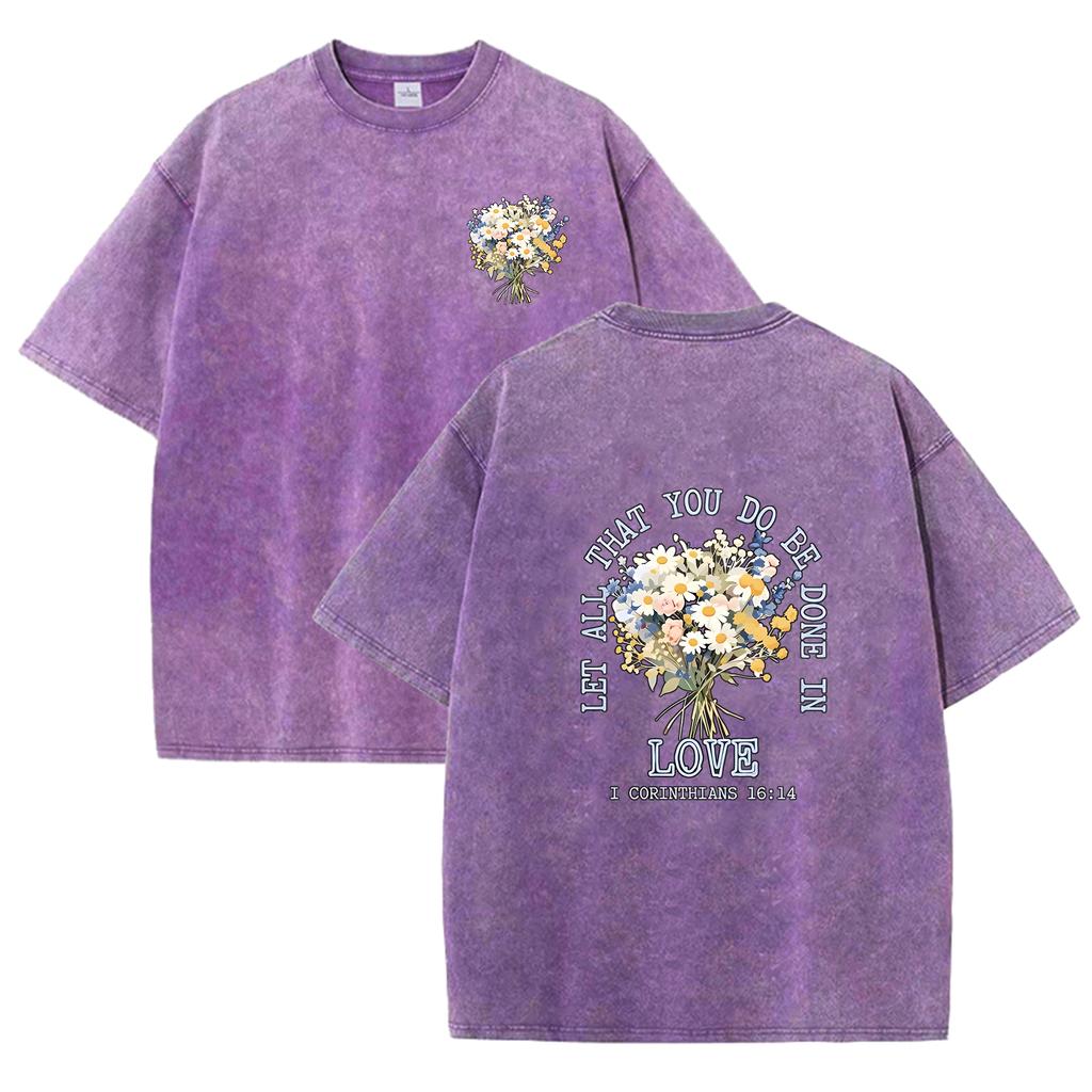 Men Women Vintage Washed Floral T-Shirt Boho Flower Bouquet Letter Graphic Crew Neck Short Sleeve Shirt Top