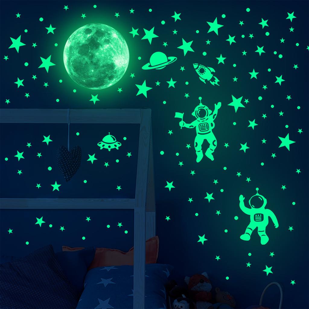 Sternenklarer Astronaut Leuchtende Wandsticker Cartoon Hase Wandsticker Raumschiff Leuchtende Dekorative Wandsticker
