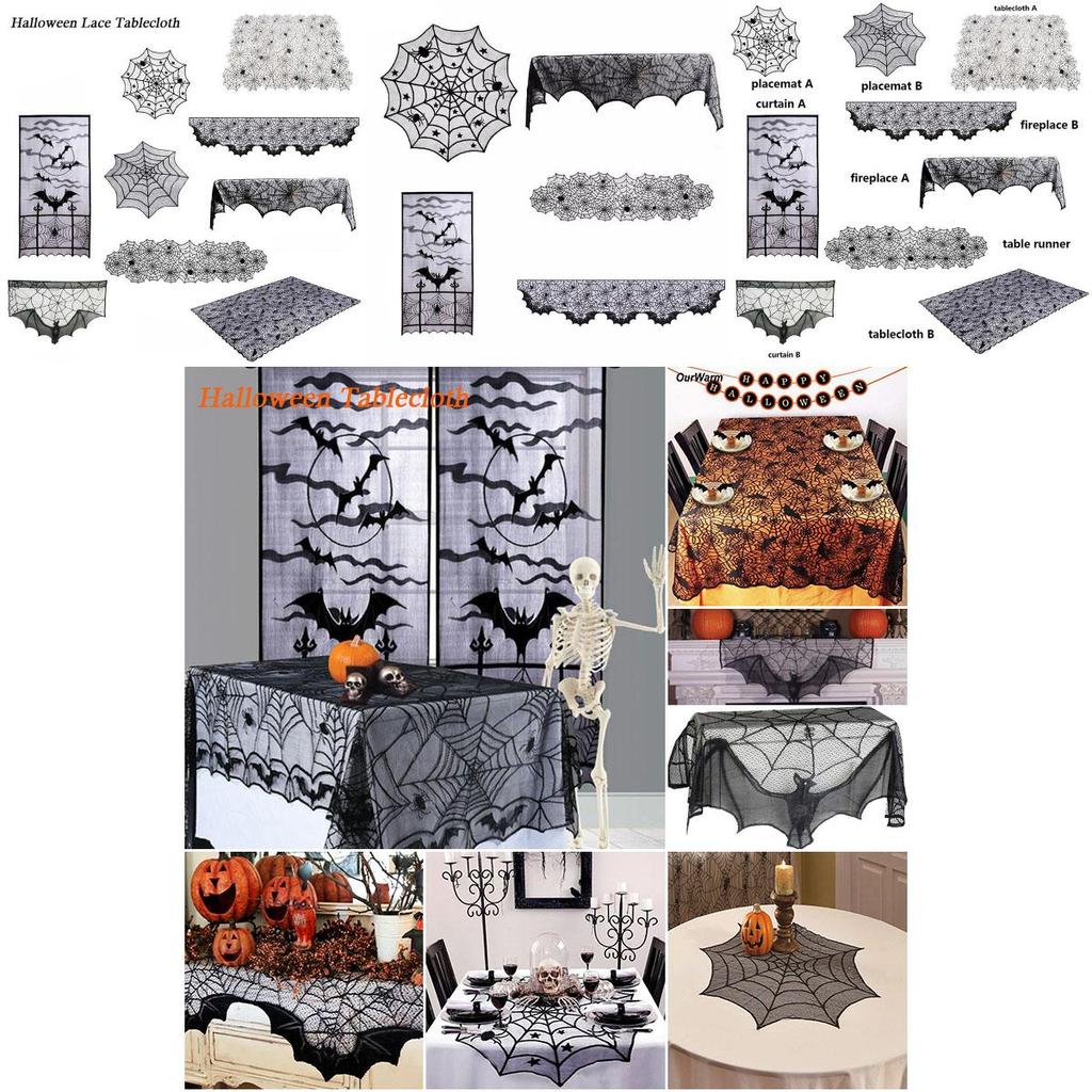 Spooky Black Lace Table Runner Featuring Intricate Spider Web Design For Halloween