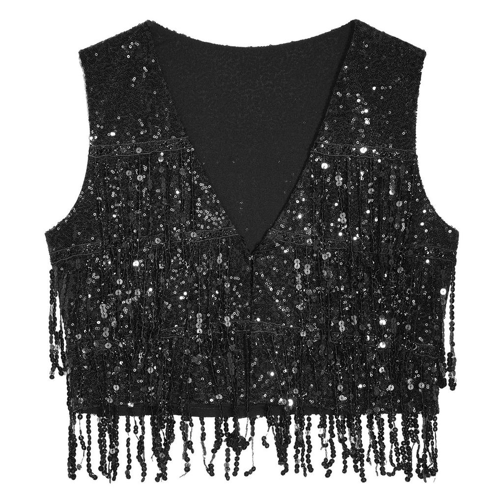 Mens Glitter Sequin Vest Sleeveless Tassel Waistcoat V Neck Open Front Dance Club Festival Partywear