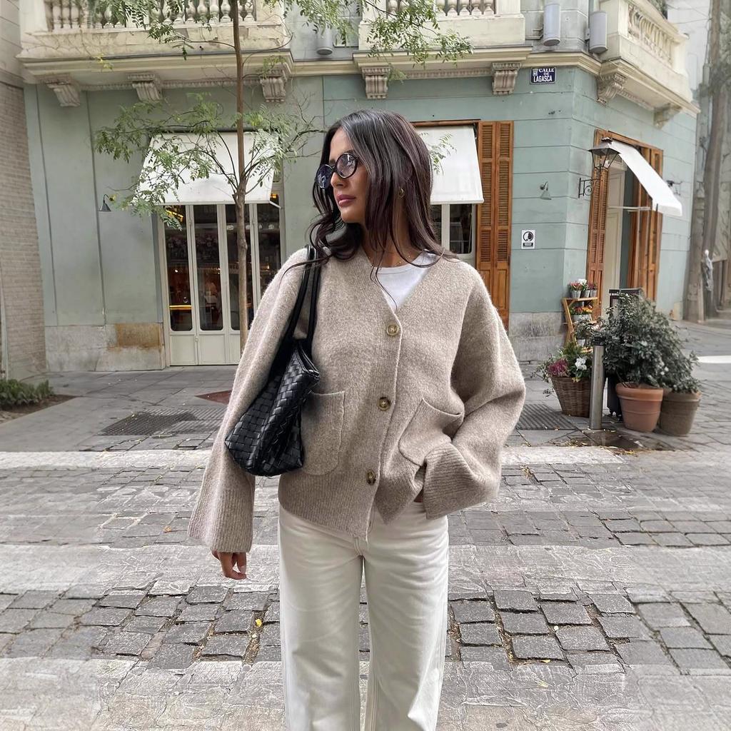 European and American knitted jacket women's niche design versatile solid color jacket casual loose single-breasted knitted cardigan