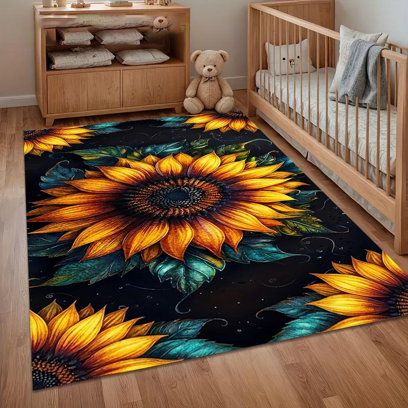 Striking Sunflower and Teal Leaf Print Area Rug, Soft Non-Slip Floor Mat for Living Room Bedroom Kitchen Home Decor