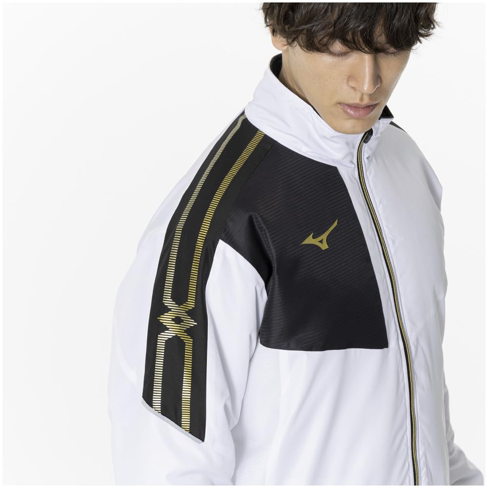 Mizuno Breath Thermo Training Warmer Size S Jacket, Moisture-Wicking, Heat-Generating, Water-Repellent, MC-LINE 32MEA630, White/Gold,