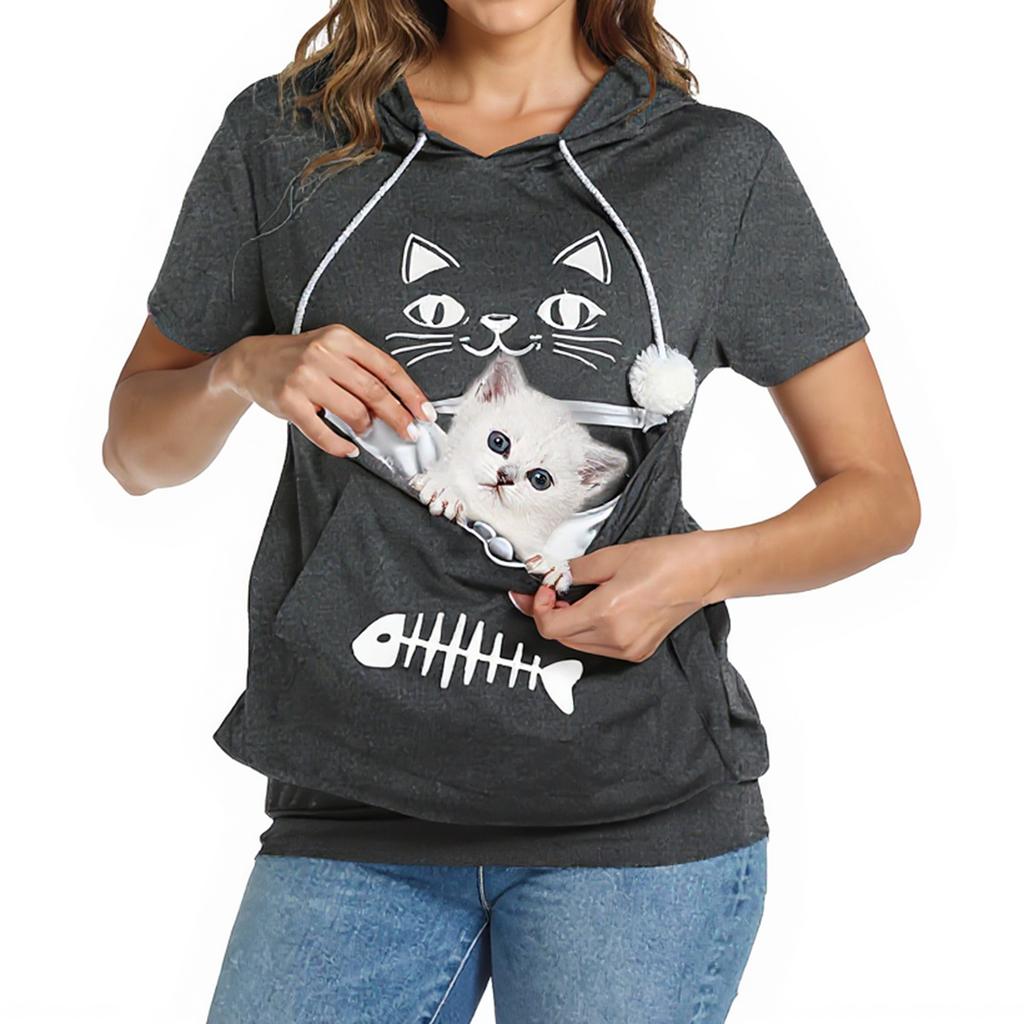 Women's Solid Color Large Pocket Pet With Drawstring Pullover Sweater Sweatshirt Top