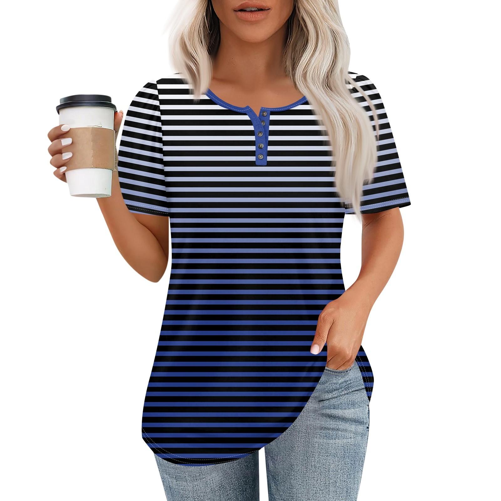 

Женский модный повседневный короткий рукав пуловер с принтом на пуговицах и круглым вырезом M