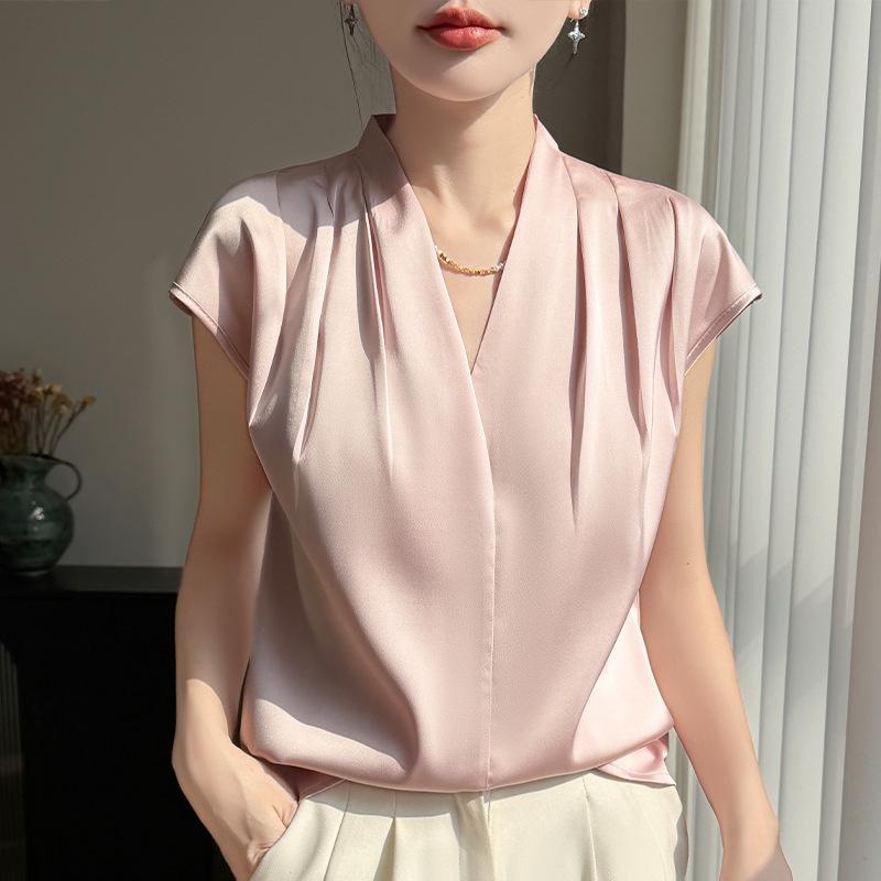 Solid-color Pleated Design Blouse T-shirt, New Spring/summer Style, V-neck, Dropped Shoulders, Short Sleeves, Women's Shirt