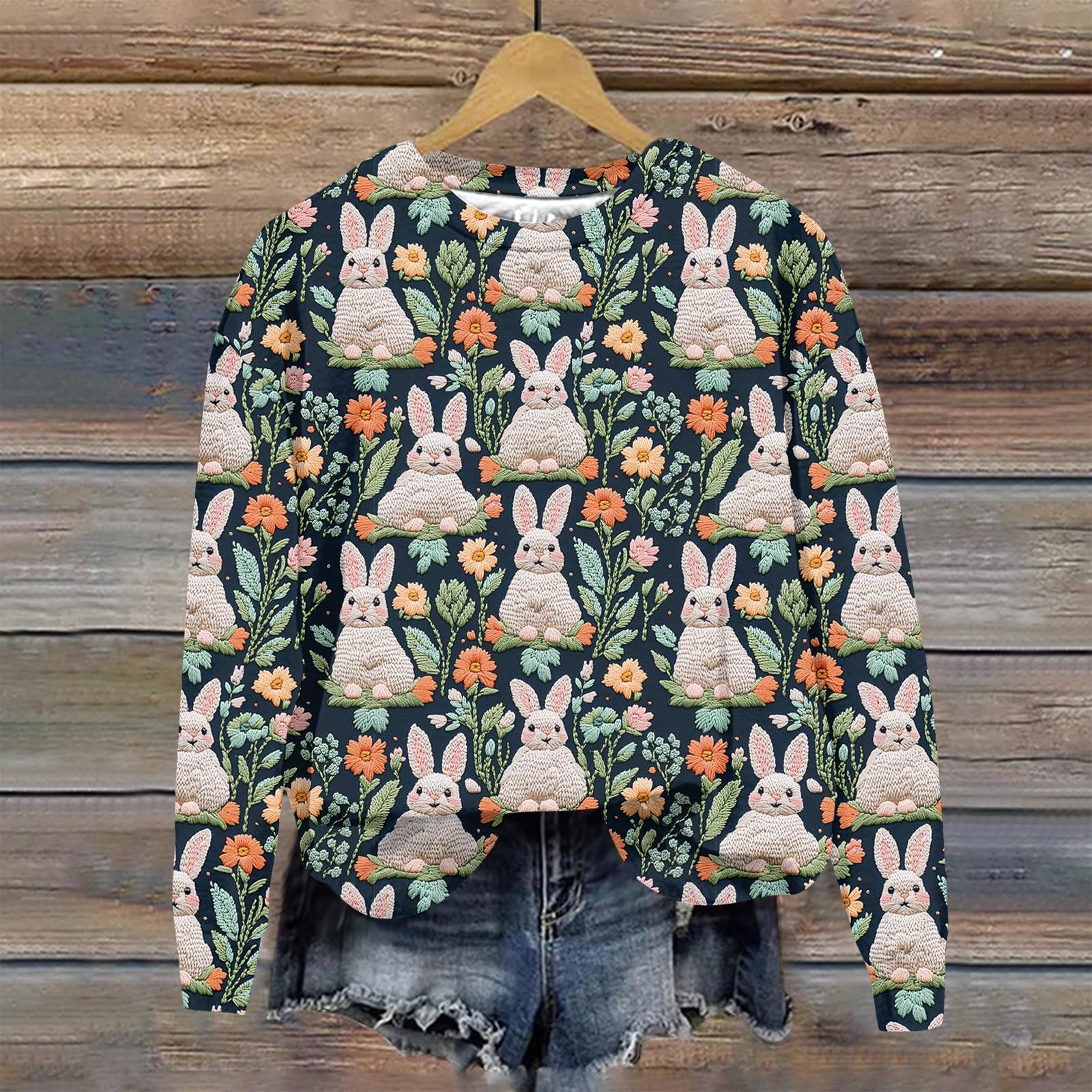 

Женская мода Пасха Печатный Длинный рукав Свободный круглый вырез Толстовка Топ S синий