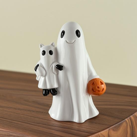 Resin Ghost Statues Halloween Figurines, Cute Spooky Statue Rustic Ornaments for Farmhouse Bookshelf Tabletop, Fall Garden Home Decoration Shelf