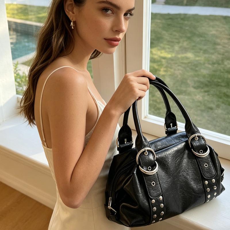 Black Faux Leather Shoulder Handbag Rivet Buckle Decor Vintage Satchel Bag with Top Handles