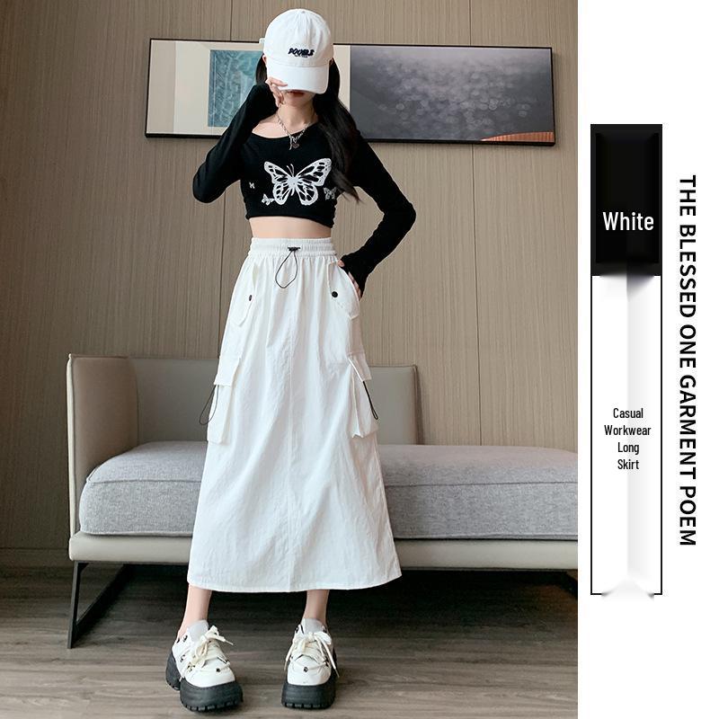 Women's High Waist A-Line Midi Skirt - Retro Workwear with Slit & Drawstring for Petite Figures, Spring & Autumn.