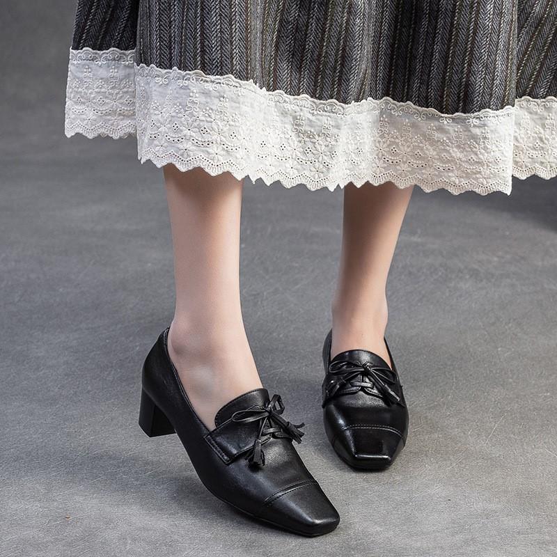Johnature Retro Genuine Leather Pumps Square Toe Thick Heel Versatile Commuting Women's Shoes