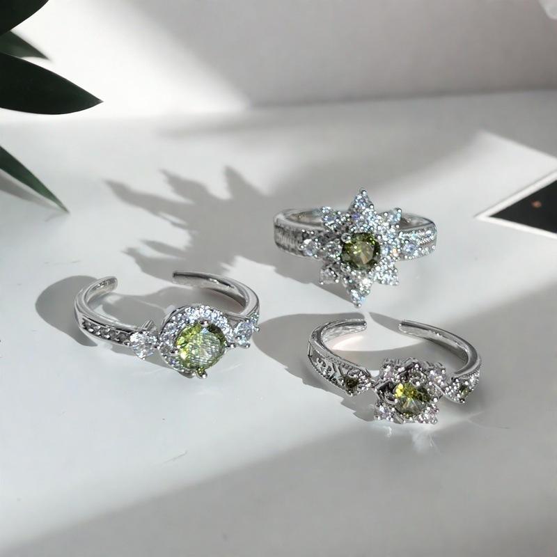 Spring Niche Design Colored Treasure Olive Green Zir*****Pen Ring Luxury High-End Heart-Shaped Full Diamond Ring