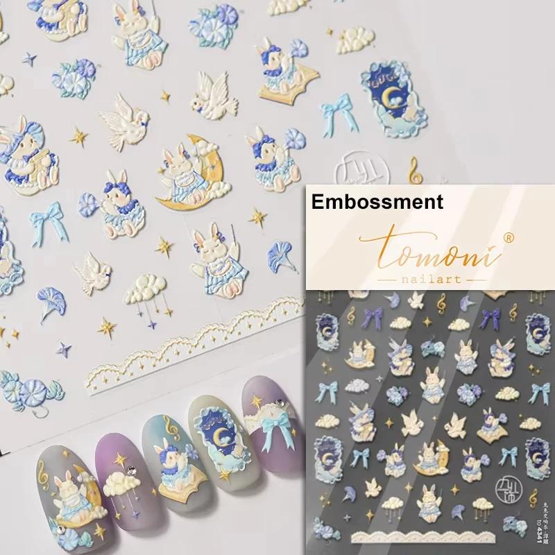 5D Cute Rabbit Love Peach Blossom Flower Yellow Nail Art Stickers Bowknot DIY Self Adhesive Rhinestone Manicure Decals