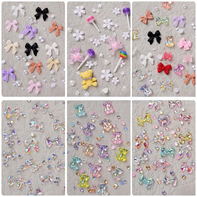 Nail Art Mixed Set: 7-Grid Bow, Aurora Bear, Butterfly, Rhinestone, Pearl Decorations