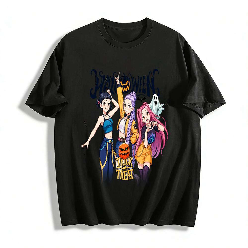 

Halloween Girl Group Print Top Trendy Cartoon Girl Festival Vibe Casual Crew Neck T-Shirt Pure cotton T-shirt XXS