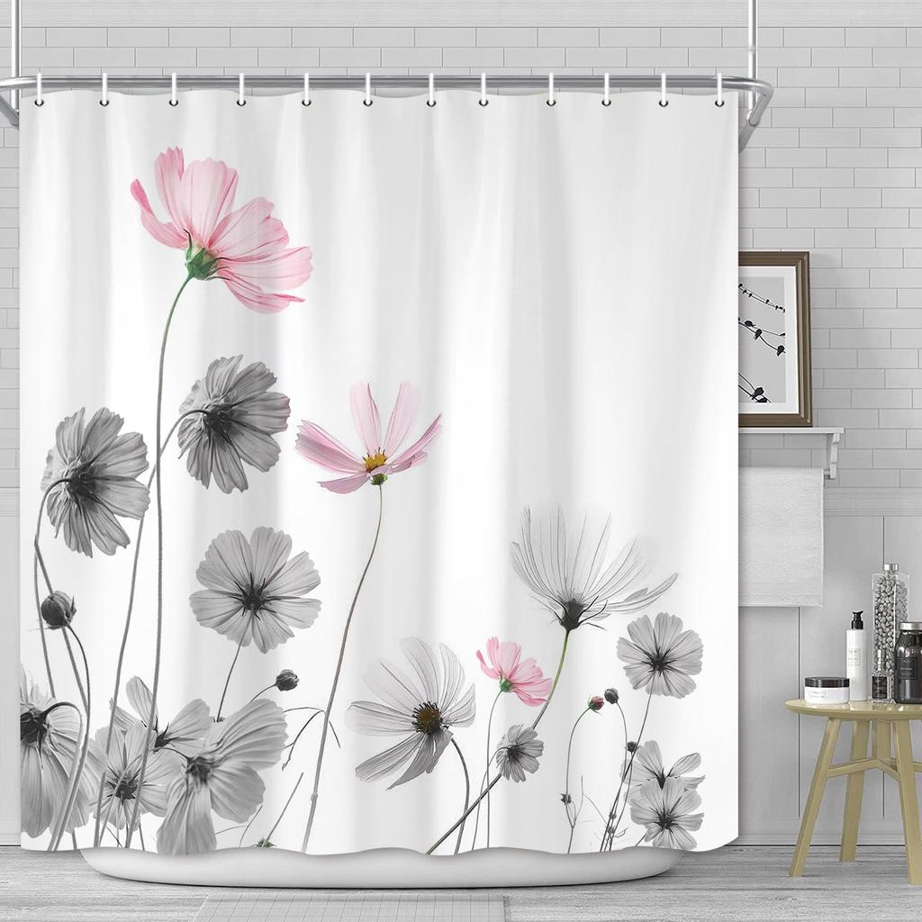 Pink Gray Flowers Shower Curtain, Daisy Floral Simple and Fresh Elegance Plants Cloth Rustic Farmhouse Bathroom Decor Sets,