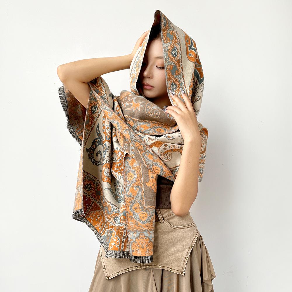 Retro cashew flower orange shawl women's autumn and winter travel versatile multi-functional warm scarf double-sided scarf
