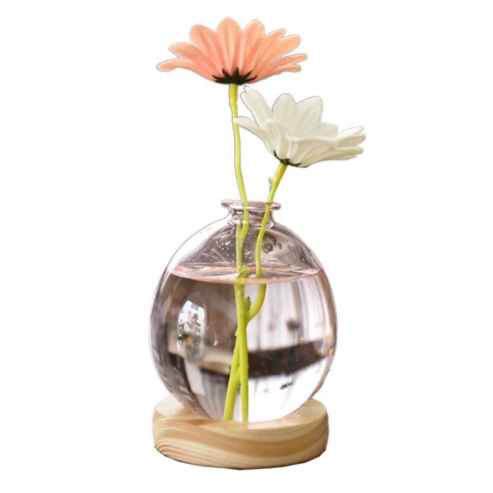 Transparent/Pink Creative Bubble Glass Vase With Wood Base Desktop Decorating Flowerpot  Home