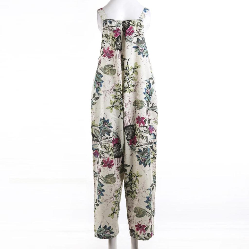 Women Ethnic Style Jumpsuits Summer Overalls Multicolor Square Neck Sleeveless Casual Rompers with Pockets for Girls Playsuit
