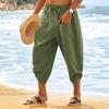 Men Cropped Pants Elastic Waist Solid Color Drawstring Soft Breathable Casual Patch Pockets Mid-calf Length Beach Trousers