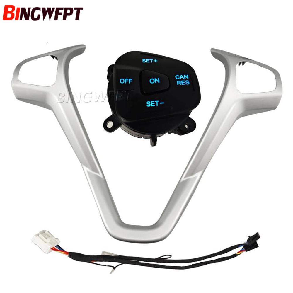 Car Frame Panel Steering Wheel Cover +Cruise Control Buttons + Wire For Ford Fiesta MK7 MK8 Ecosport 2013-2015 Blue backlight