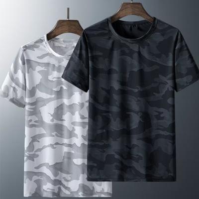 Men T-shirt Ice Sik Short Camouflage Print Pullover Loose Thin Sleeves Round Neck Streetwear Daily Wear Mid Length