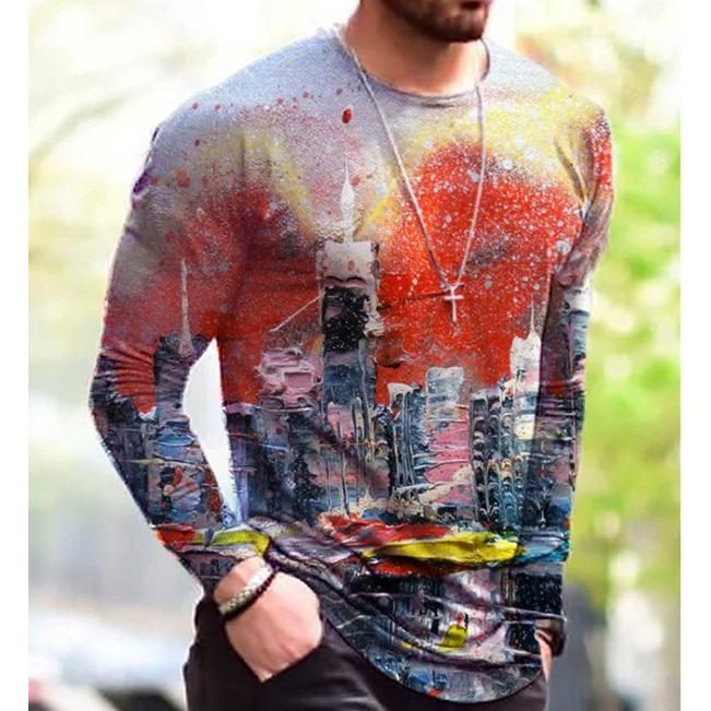 3D Printed Hip Hop Rock T-Shirts for Men Colorful Pattern T-shirts Spring Autumn Casual Long Sleeve Round Neck Loose Tops