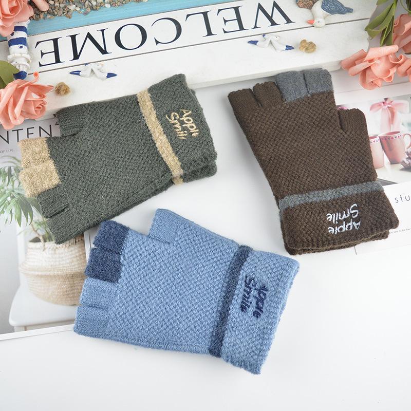 New Men's Half-finger Gloves Winter Student Jacquard Writing Outdoor Warm Wool Knitted Gloves