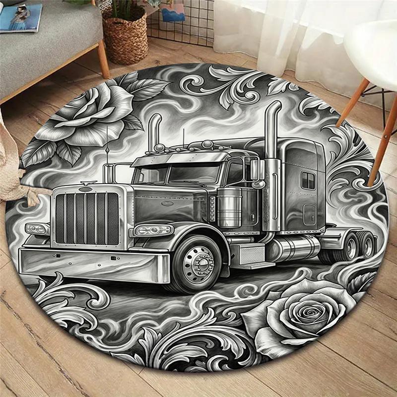Sketch Truck Whale Poseidon Skeleton Round Area Rug,Carpet Rug for Living Room Bedroom Sofa Playroom Decor,Non-slip Floor Mat