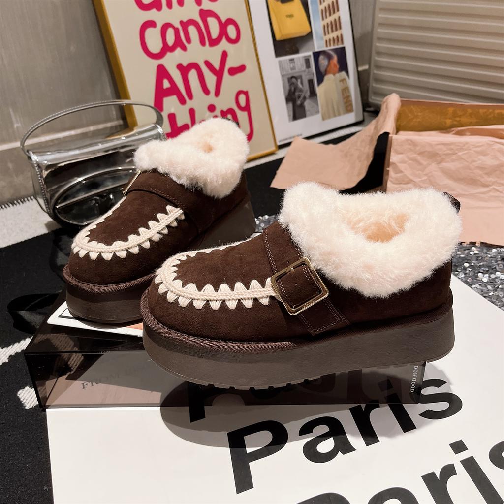 Leather lamb wool shoes metal buckle square head velvet cotton ladyshoes one pedal snow cotton muffin women's shoes tide