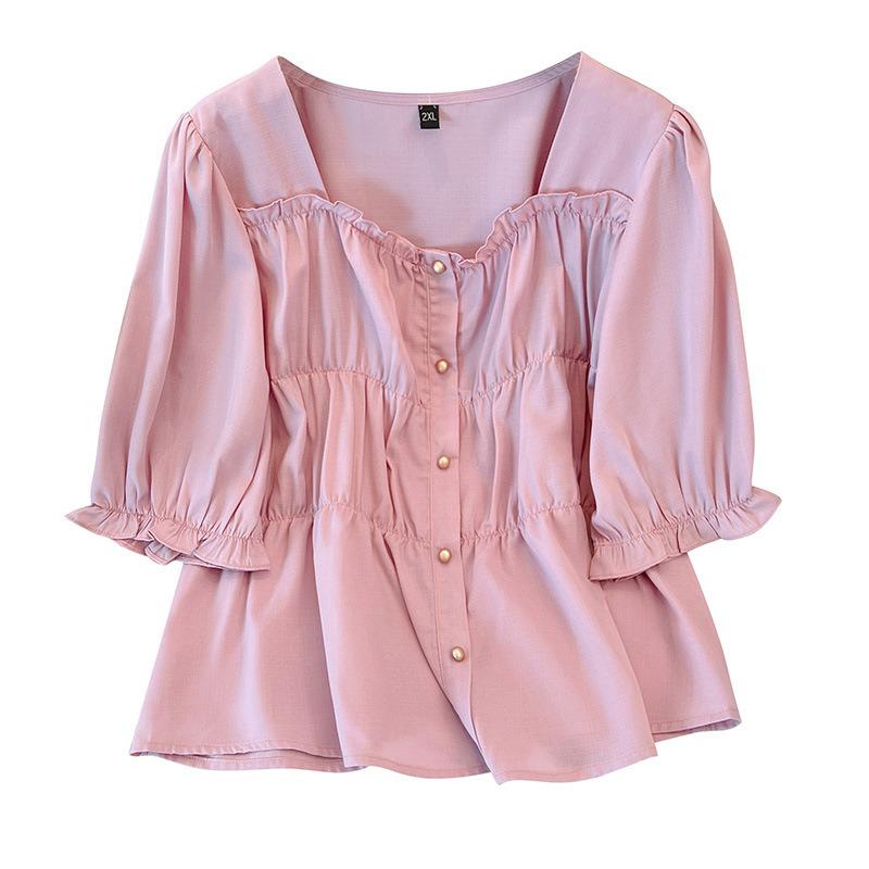 Plus Size Women Short Sleeve Square Neck Solid Color Shirt Summer Fashion Slim Fit Blouse