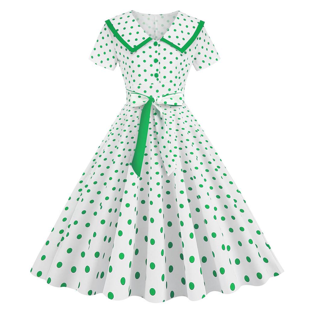 Women's Fashion Lapel Vintage Polka Dot Print Maxi Dress with Belt