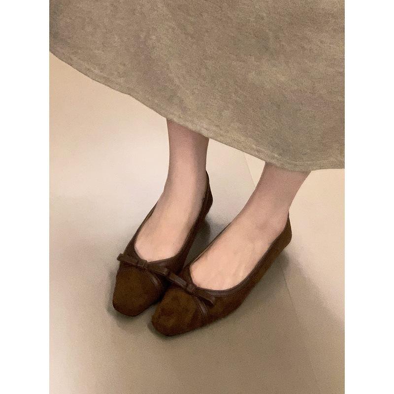 Square head bow low heel single shoes women's one-pedal light mouth ladyshoes commuter shoes with skirt ladyshoes