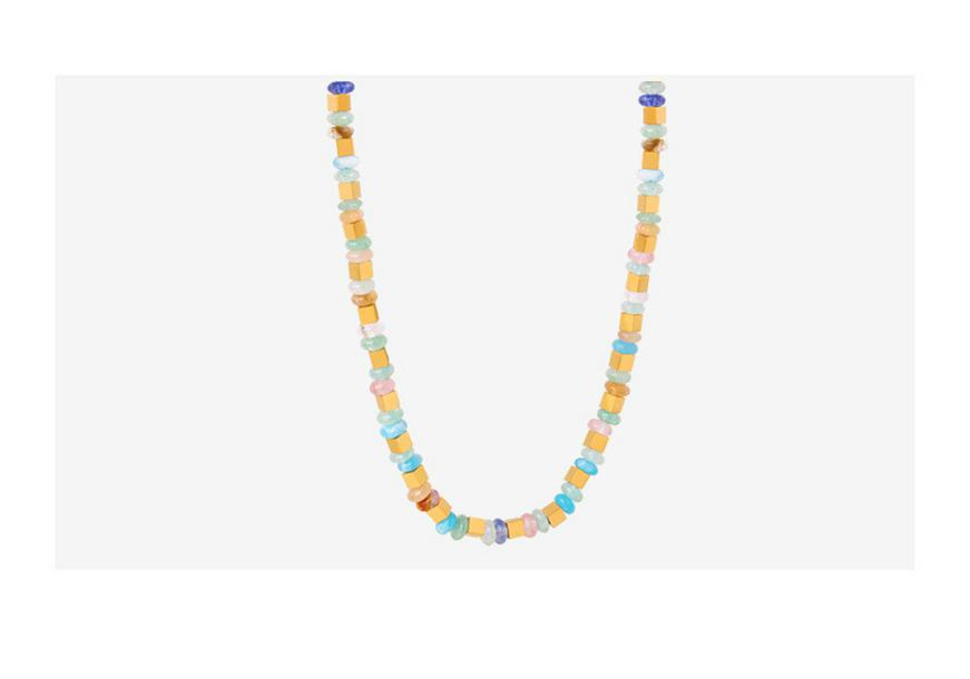 Bohemian Square Stone Beads Necklace, Handmade Women’s Titanium Steel Jewelry, Versatile Clavicle Chain for Girls