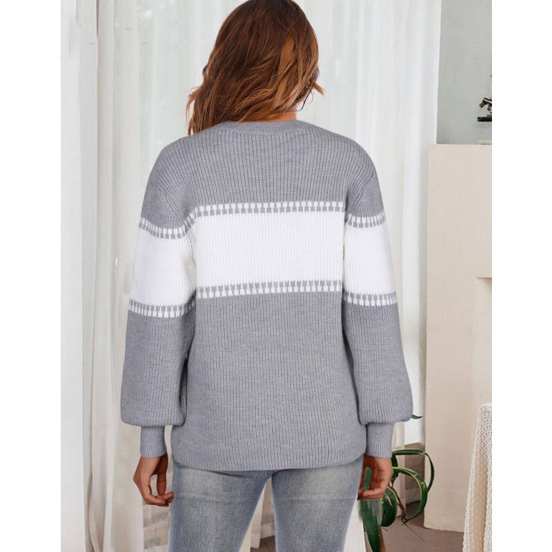 Женский осенне-зимний полосатый винтажный контрастный цветной пэчворк-свитер с круглым — фото 3