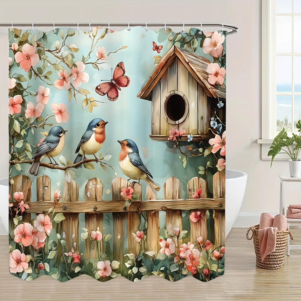 Charmante Gartenszene Duschvorhang - Vögel, Blumen & Vogelhaus; Wasserdichte Heimdekoration Bringt Die Schönheit Der Natur In Ihr Badezimmer.