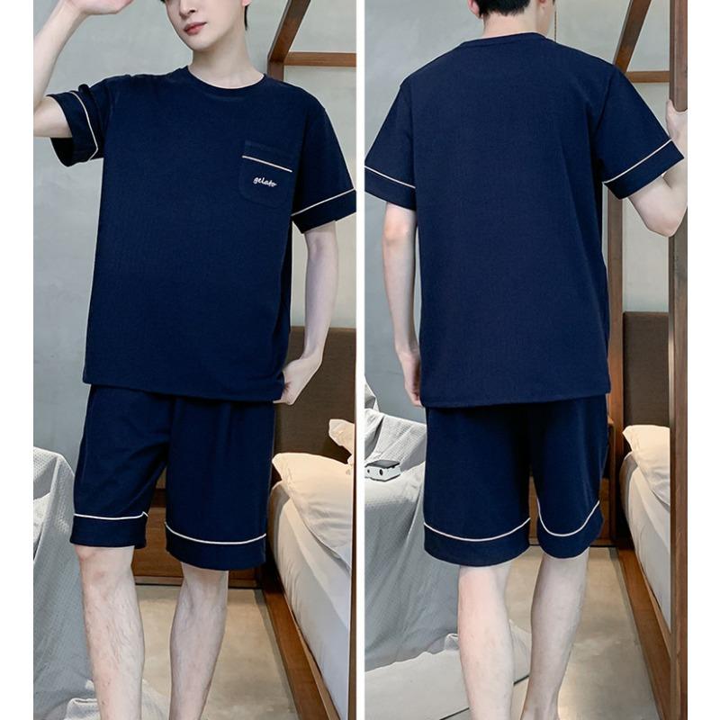 Pigiama Estivo Uomo Taglia Grande Cotone Jersey Manica Corta Set Pantaloncini Colore Unico Girocollo Pigiama Abbigliamento per la Casa