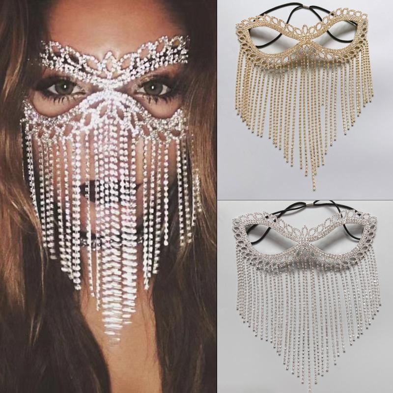 Tassel Veil Mask for Rhinestone Mask Chain Masquerade Face Mask for Creative Crystal Cats Eye Fringe Mask with Elasti